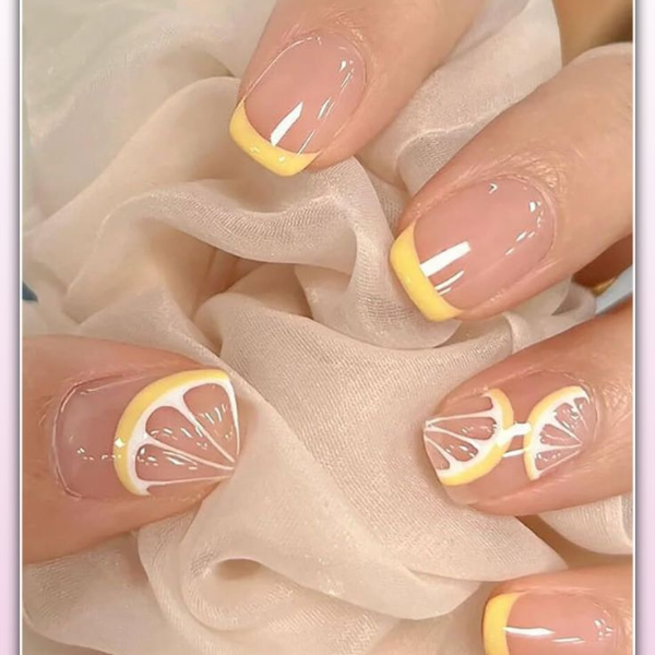 Lemon Slice Nails with Yellow French Tips Design