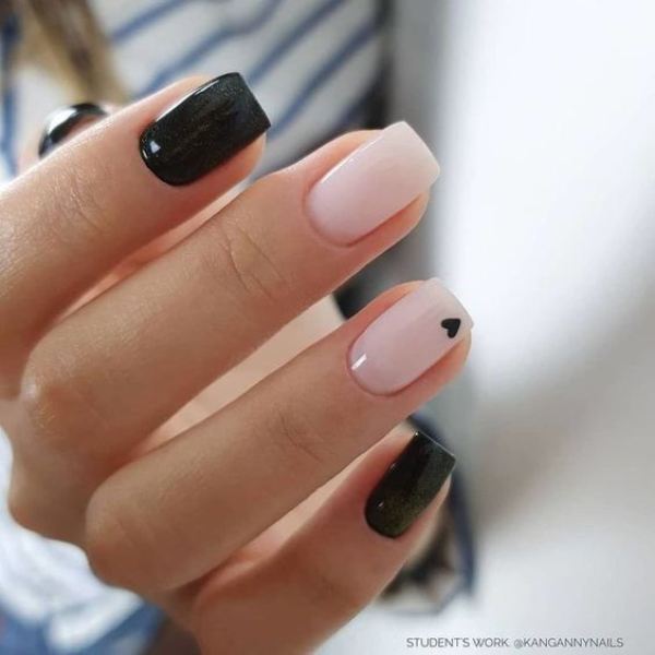 Black and Pink Nails with a Tiny Heart Nails Design