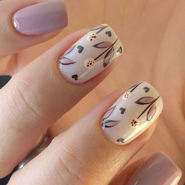 Sweet Heart and Flower Nails Design