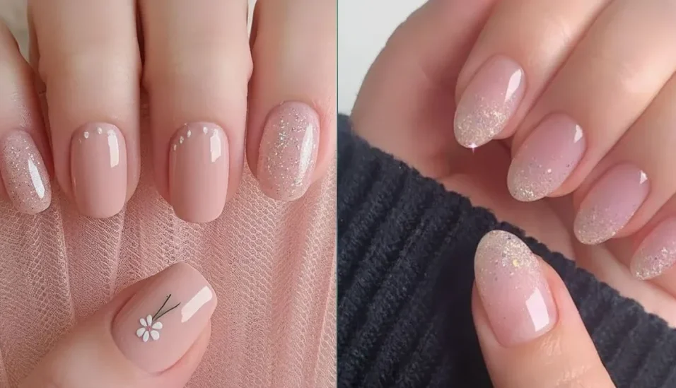 Pink Glitter Nail Design with Heart Patterns for Romantic Look