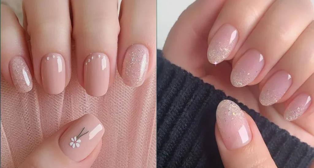 Pink Glitter Nail Design with Heart Patterns for Romantic Look